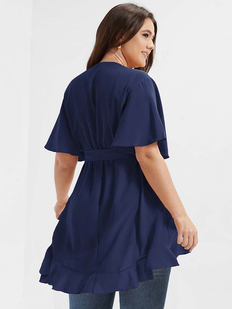 Plus Size DarkBlue Solid Belted Asymmetrical Hem Flutter Wrap Blouse Women Elegant Short sleeve V-neck Dailywear Blouses BloomChic 28/5X 