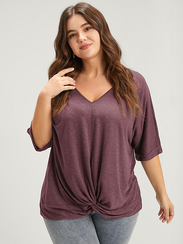 

Plus Size Solid Cuffed Sleeve Twist Front V Neck T-shirt DustyPink V-neck Short sleeve Casual Jersey Tops