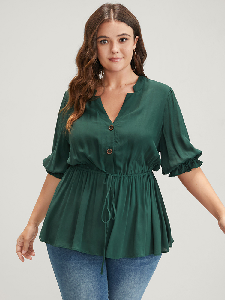 

Plus Size DarkGreen Plain Drawstring Button Flutter Blouse Women Office Short sleeve V-neck Work Blouses BloomChic