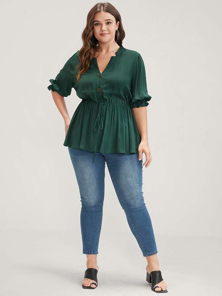 Plus Size DarkGreen Plain Drawstring Button Flutter Blouse Women Office Short sleeve V-neck Work Blouses BloomChic 12/L 