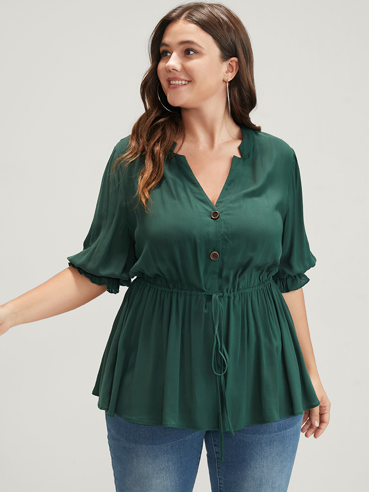 Plus Size DarkGreen Plain Drawstring Button Flutter Blouse Women Office Short sleeve V-neck Work Blouses BloomChic 12/L 