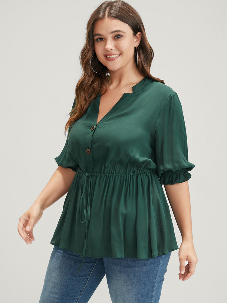 

Plus Size DarkGreen Plain Drawstring Button Flutter Blouse Women Office Short sleeve V-neck Work Blouses BloomChic