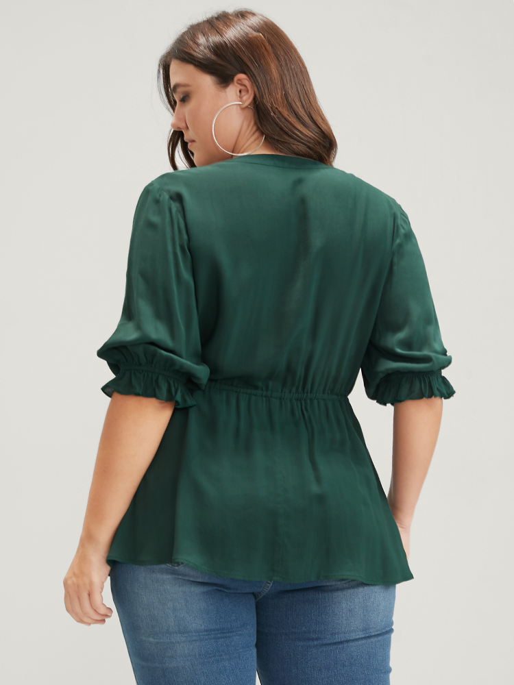 Plus Size DarkGreen Plain Drawstring Button Flutter Blouse Women Office Short sleeve V-neck Work Blouses BloomChic 12/L 