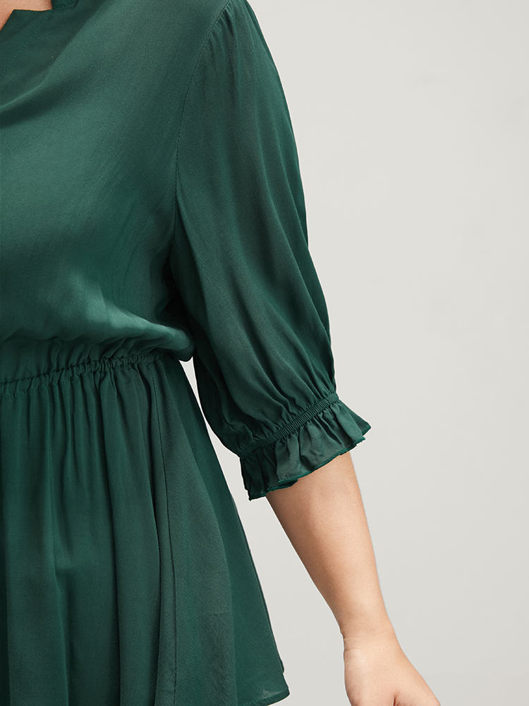 Plus Size DarkGreen Plain Drawstring Button Flutter Blouse Women Office Short sleeve V-neck Work Blouses BloomChic 12/L 