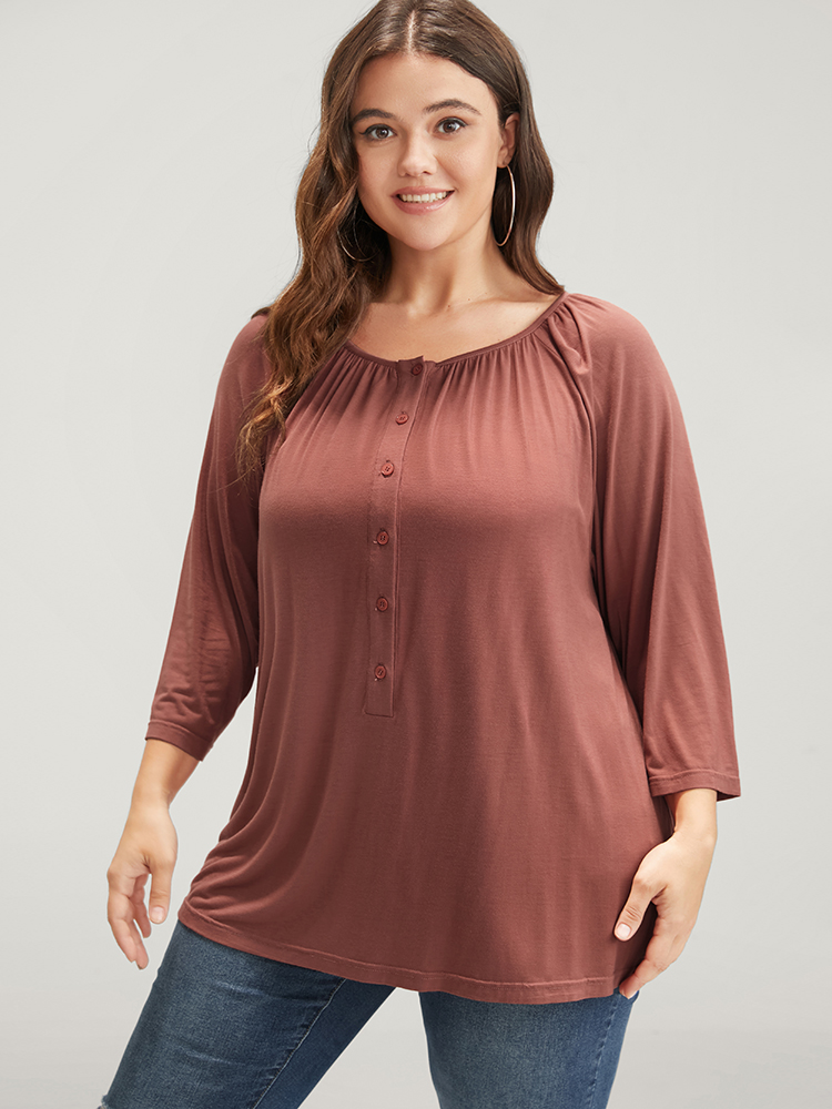 

Plus Size Plain Round Neck Button Modal T-shirt Rouge Women Elegant Button Plain Round Neck Loose Dailywear T-shirts BloomChic