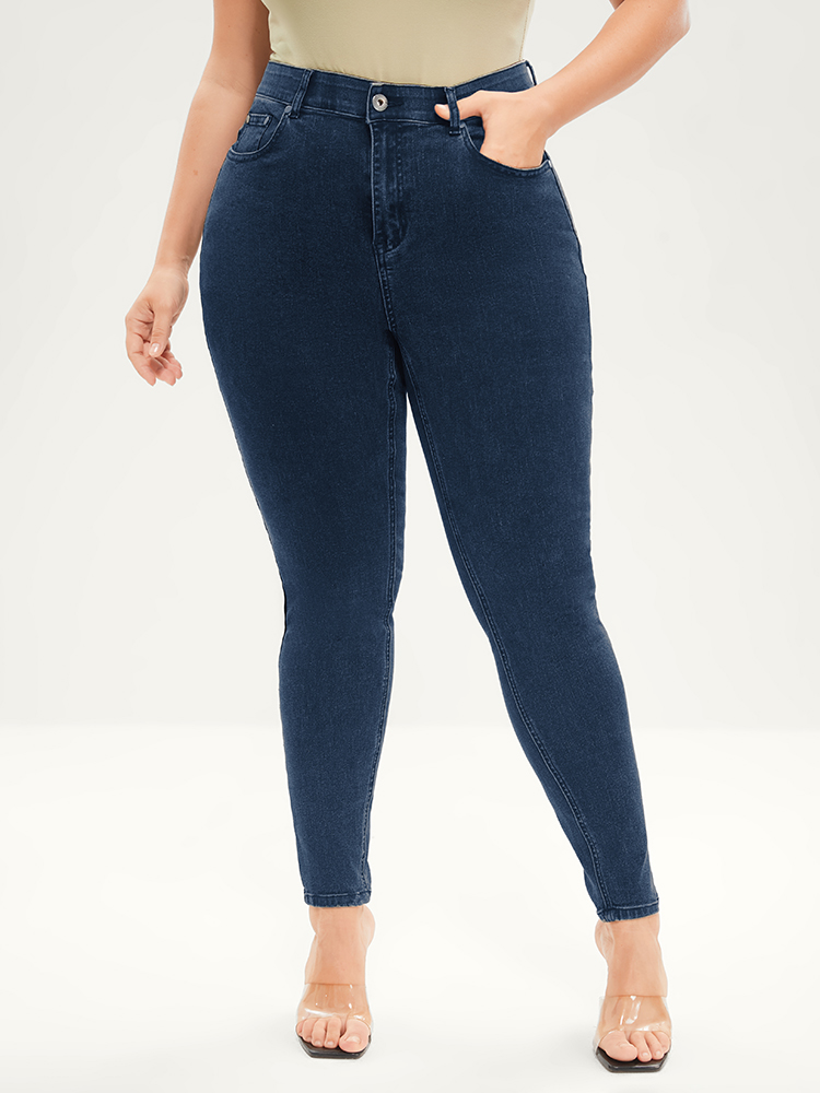 

Plus Size Skinny Very Stretchy Mid Rise Dark Wash Gap Proof Jeans Women DarkBlue Office Plain Gap-proof High stretch Pocket Jeans BloomChic