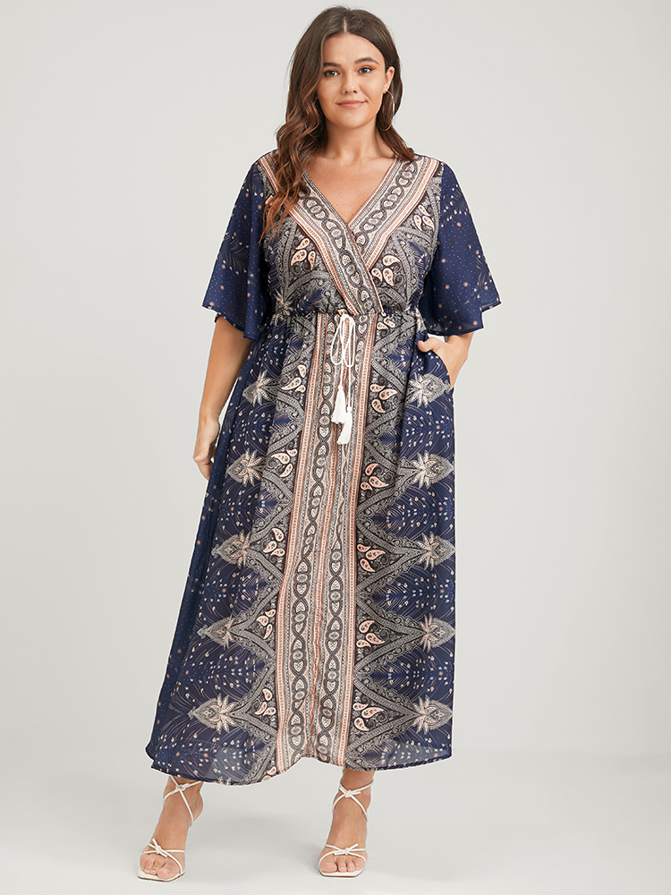 

Plus Size Bandana Ruffles Button Split Pocket Ties Wrap Maxi Dress DarkBlue Women Vacation Printed V-neck Half Sleeve Curvy Long Dress BloomChic