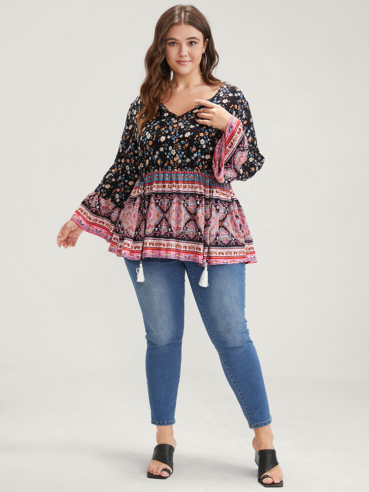 Plus Size Women Dailywear Bohemian Print Cross straps Bell Sleeve Elbow-length sleeve V-neck Vacation Blouses BloomChic 