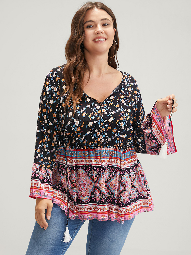 Plus Size Women Dailywear Bohemian Print Cross straps Bell Sleeve Elbow-length sleeve V-neck Vacation Blouses BloomChic 