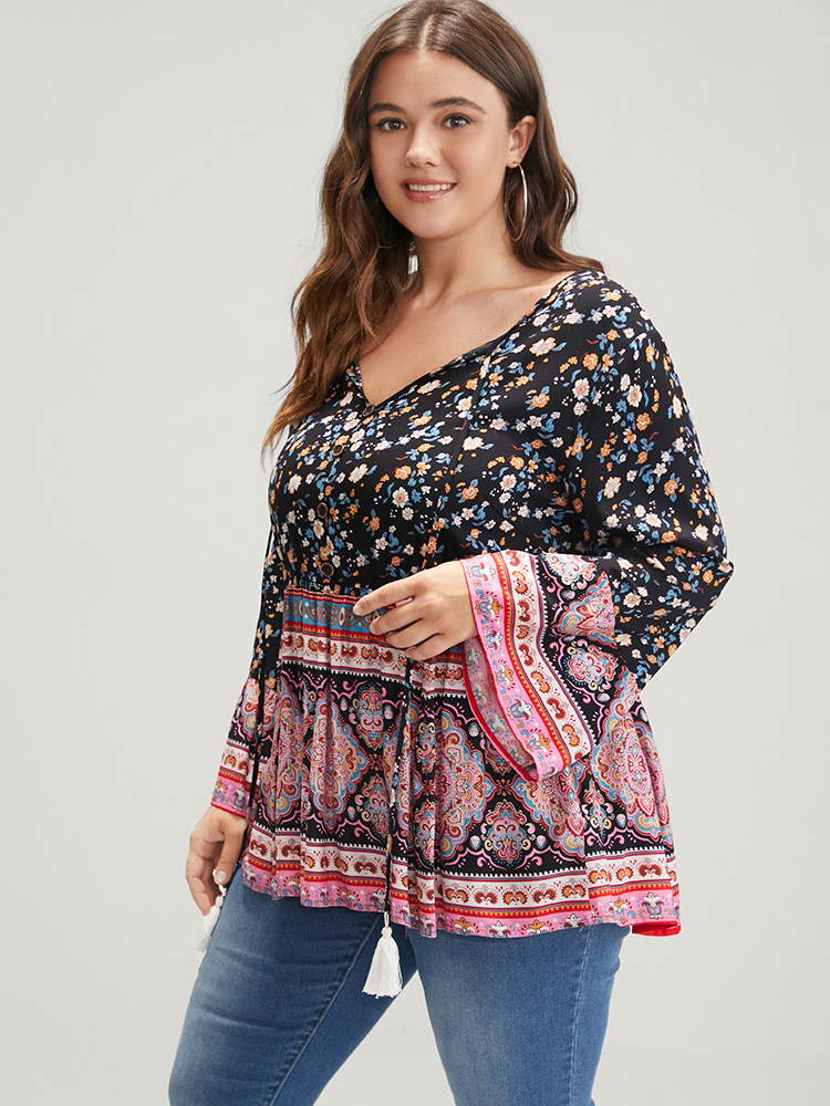 Plus Size Women Dailywear Bohemian Print Cross straps Bell Sleeve Elbow-length sleeve V-neck Vacation Blouses BloomChic 