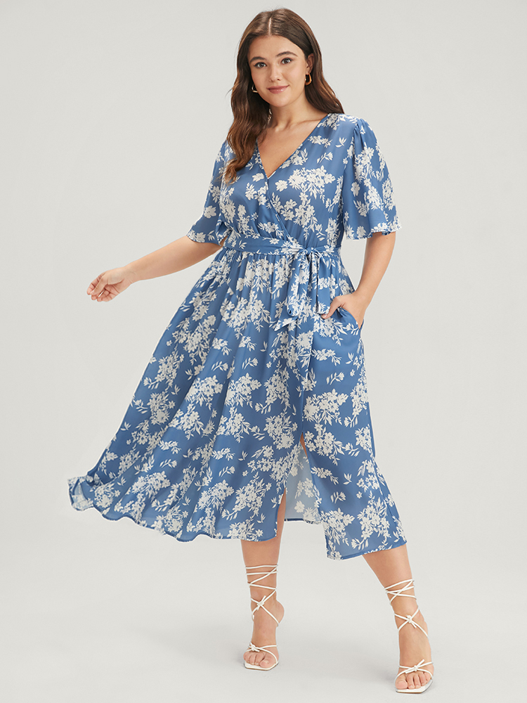 

Plus Size Floral Pocket Button Ties Ruffled Split Wrap Midi Dress Stone Women Elegant Printed V-neck Half Sleeve Curvy Midi Dress BloomChic