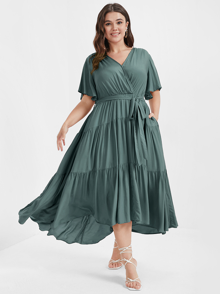 

Plus Size Solid Button Pocket Belted Ruffles Wrap Midi Dress Emerald Women Elegant Cross straps V-neck Short sleeve Curvy Long Dress BloomChic