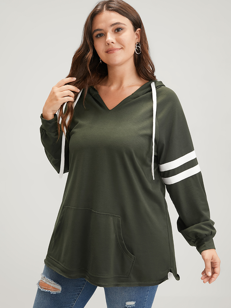 Plus Size Solid Contrast Pocket Drawstring Hooded Sweatshirt Women ArmyGreen Casual Contrast Hooded Dailywear Sweatshirts BloomChic 22-24/3X 
