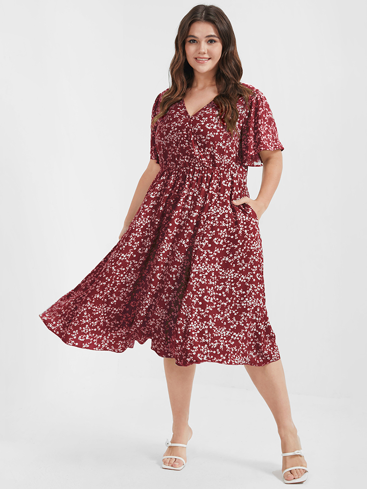 

Plus Size Bloom Dress - Ditsy Floral Elastic Waist Ruffles Pocket Knee Dress Burgundy Women Elegant Non V-neck Short sleeve Curvy Knee Dress BloomChic