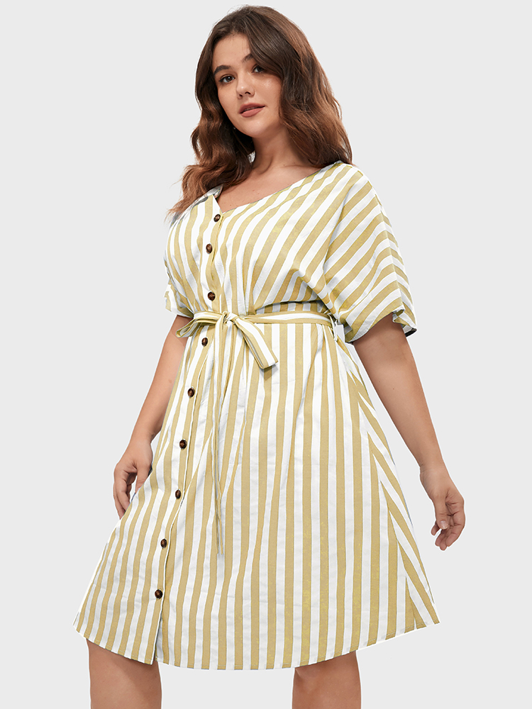 

Plus Size Striped V Neck Button Belted Knee Dress Yellow Women Gathered V-neck Short sleeve Curvy Knee Dress BloomChic