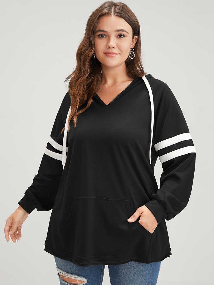 

Plus Size Solid Contrast Pocket Drawstring Hooded Sweatshirt Women Black Casual Contrast Hooded Dailywear Sweatshirts BloomChic