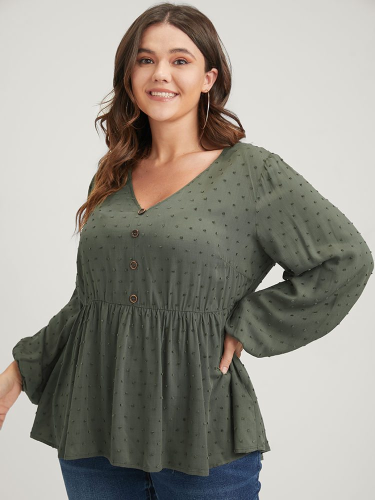 

Plus Size ArmyGreen Polka Dot Flutter Button Detail Lantern Sleeve Blouse Women Elegant Long Sleeve V-neck Dailywear Blouses BloomChic