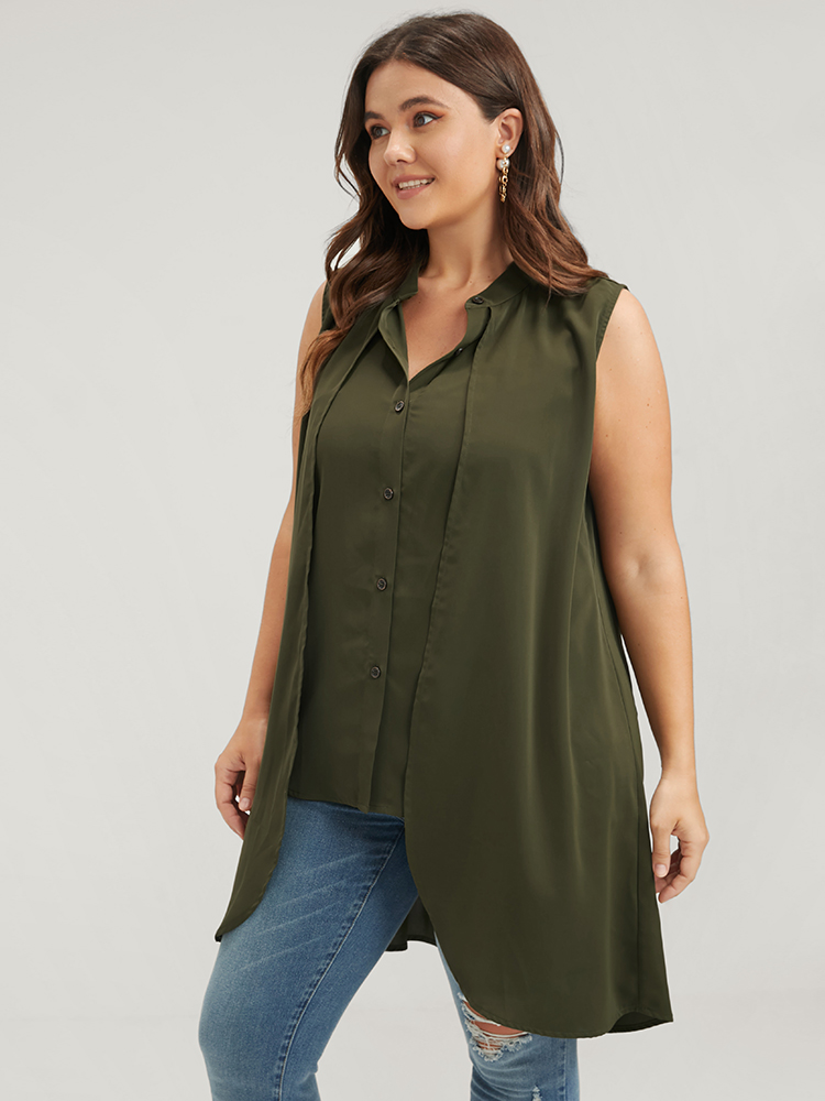 

Plus Size Button Through Asymmetrical Hem Sleeveless Tank Top Women ArmyGreen Elegant Button Stand-up collar Dailywear Tank Tops Camis BloomChic