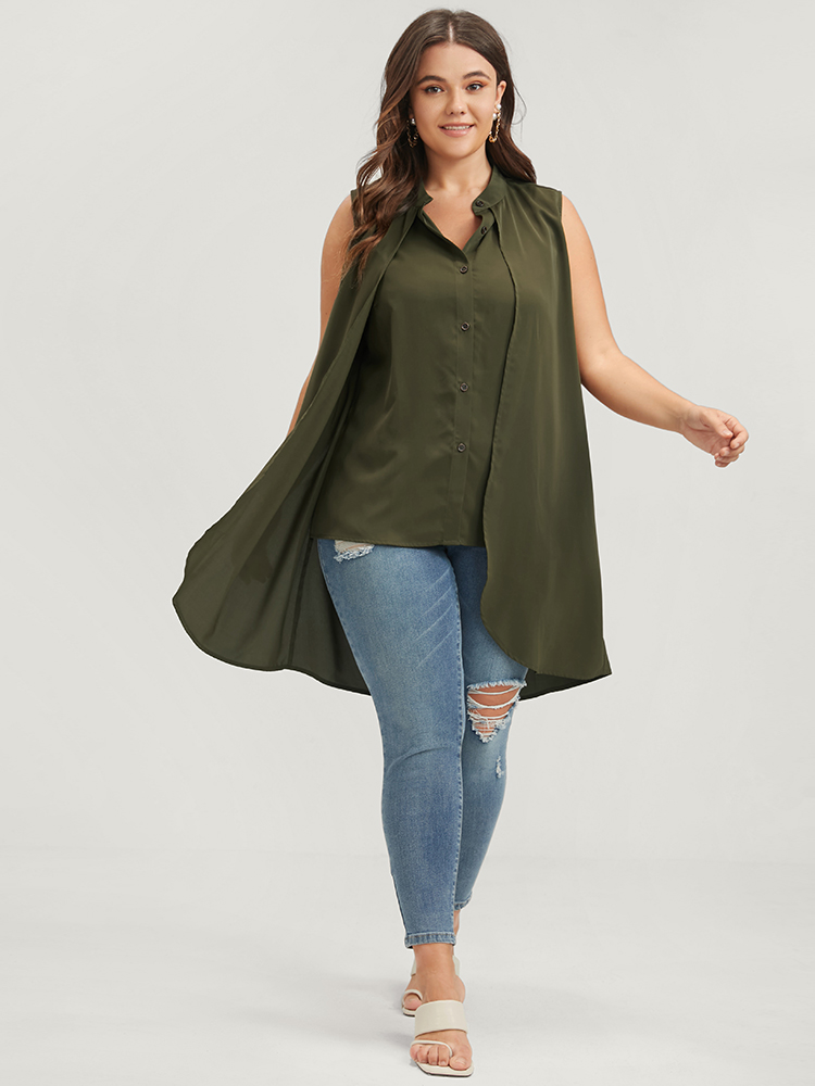 

Plus Size Button Through Asymmetrical Hem Sleeveless Tank Top Women ArmyGreen Elegant Button Stand-up collar Dailywear Tank Tops Camis BloomChic