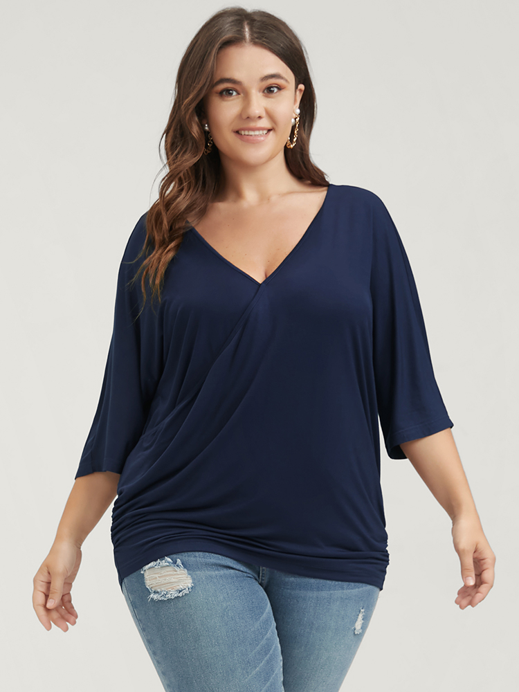 

Solid Gathered Button Dolman Sleeve Wrap Modal T-shirt, Indigo