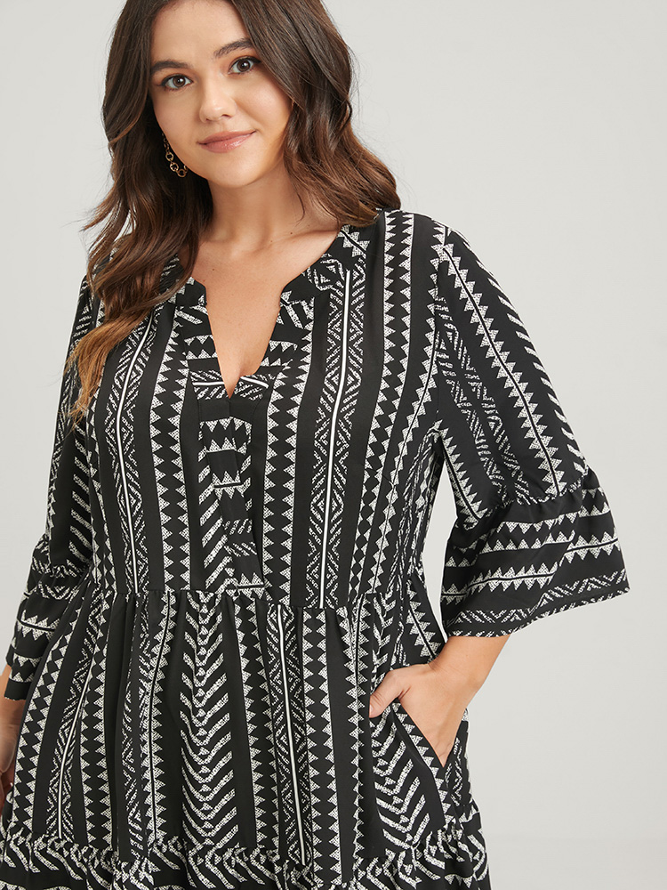 Plus Size Bloom Dress -Geometric Pocket Ruffles V Neck Knee Dress Black Women Vacation Pocket V-neck Elbow-length sleeve Curvy Knee Dress BloomChic 10/M 