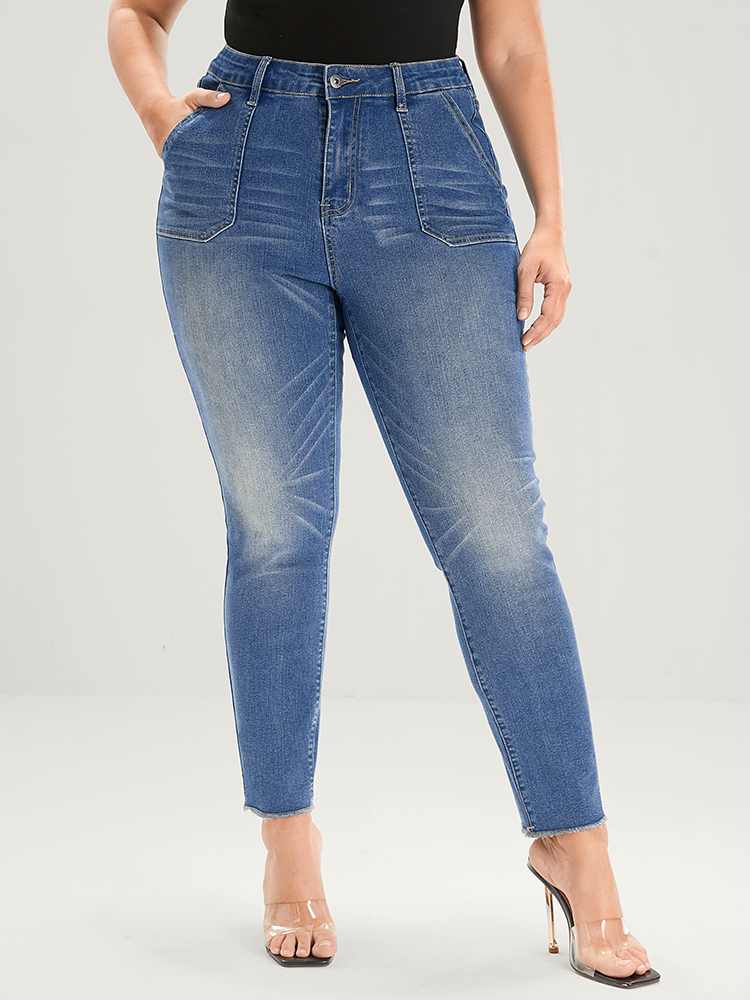 

Plus Size Straight Very Stretchy Mid Rise Medium Wash Jeans Women Blue Casual Plain Pocket High stretch Pocket Jeans BloomChic