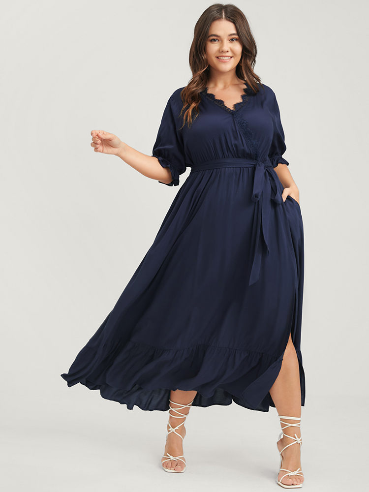 

Plus Size Solid Knotted Pocket Lace Trim Wrap Maxi Dress Navy Women Elegant Patchwork V-neck Half Sleeve Curvy Midi Dress BloomChic