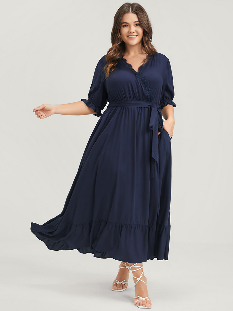 Plus Size Solid Knotted Pocket Lace Trim Wrap Maxi Dress Navy Women Elegant Patchwork V-neck Half Sleeve Curvy Midi Dress BloomChic 30/6X 