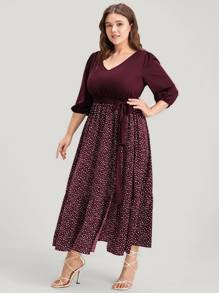 

Plus Size Polka Dot Split Lantern Sleeve Pocket Flutter Belted Dress Burgundy Women Elegant Belted V-neck Elbow-length sleeve Curvy Long Dress BloomChic