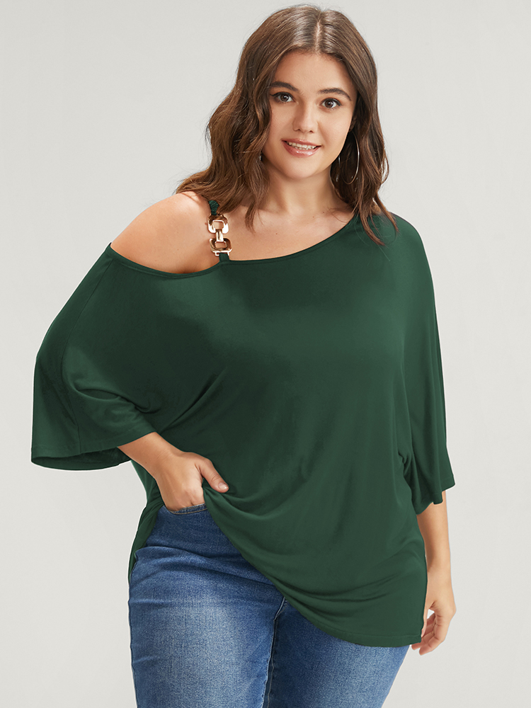 

Plus Size Plain Metal Button Dolman Sleeve One Shoulder Modal T-shirt Green Cold Shoulder Elbow-length sleeve Casual Jersey Tops