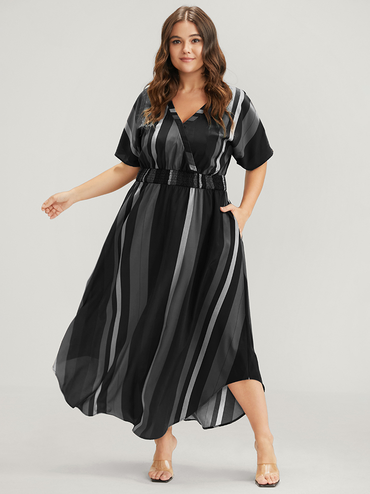 

Striped Patchwork Plus Size Women Elegant Dress Regular Dolman Half Sleeve V Neck Pocket Vacation Dresses BloomChic, Black