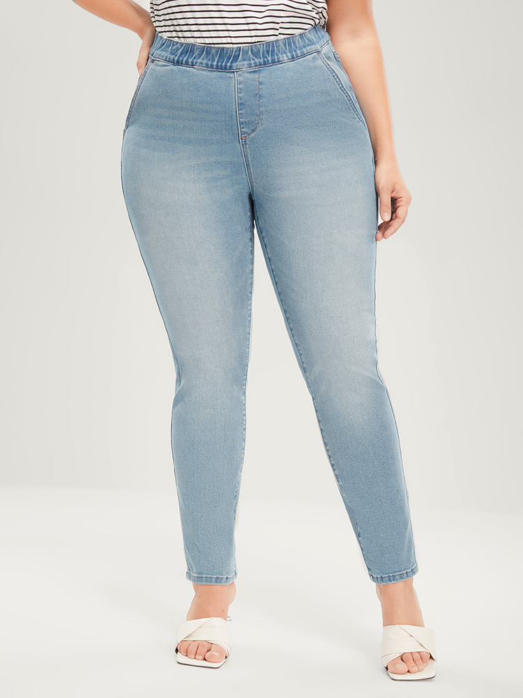 

Plus Size Mom Jeans Straight Very Stretchy Mid Rise Light Wash Jeans Women Blue Casual Plain Elastic Waist High stretch Jeans BloomChic