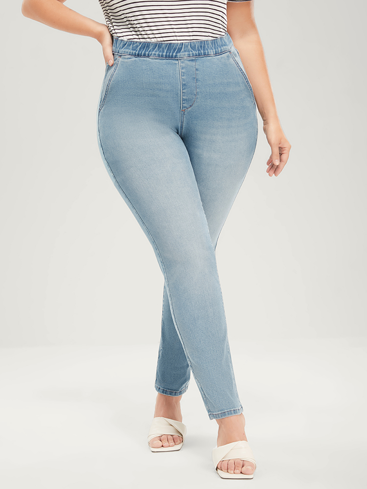 

Plus Size Mom Jeans Straight Very Stretchy Mid Rise Light Wash Jeans Women Blue Casual Plain Elastic Waist High stretch Jeans BloomChic