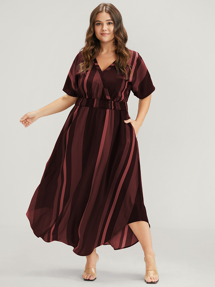 

Striped Patchwork Plus Size Women Elegant Dress Regular Dolman Half Sleeve V Neck Pocket Vacation Dresses BloomChic, Burgundy