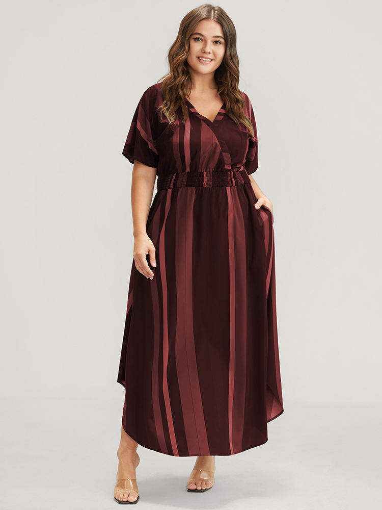 

Striped Patchwork Plus Size Women Elegant Dress Regular Dolman Half Sleeve V Neck Pocket Vacation Dresses BloomChic, Burgundy