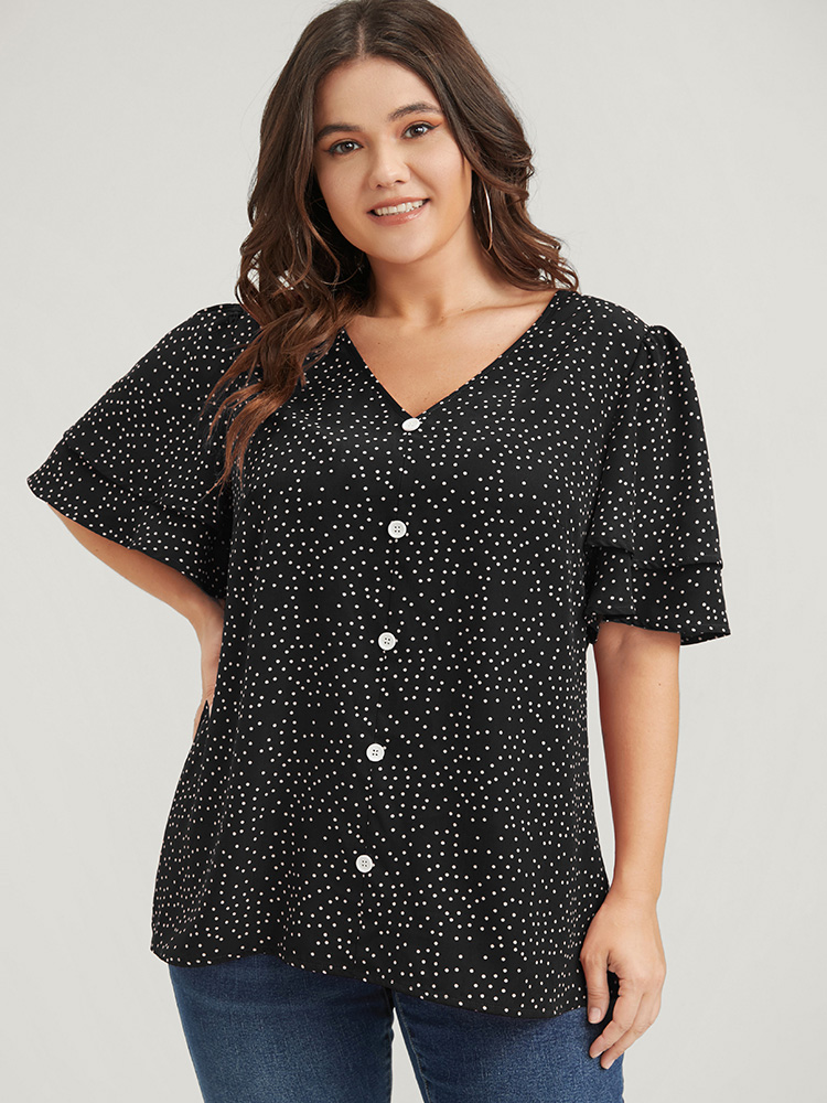 Plus Size Women Dailywear Polka Dot Button Ruffle Sleeve Short sleeve V-neck Elegant Blouses BloomChic 