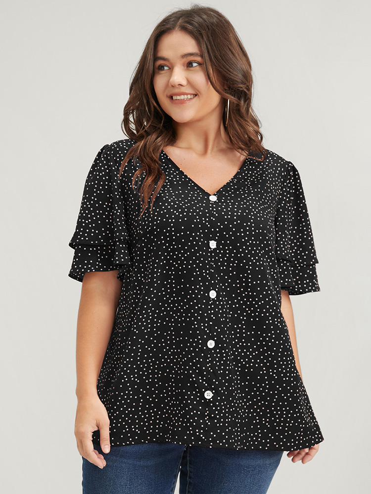 Plus Size Women Dailywear Polka Dot Button Ruffle Sleeve Short sleeve V-neck Elegant Blouses BloomChic 