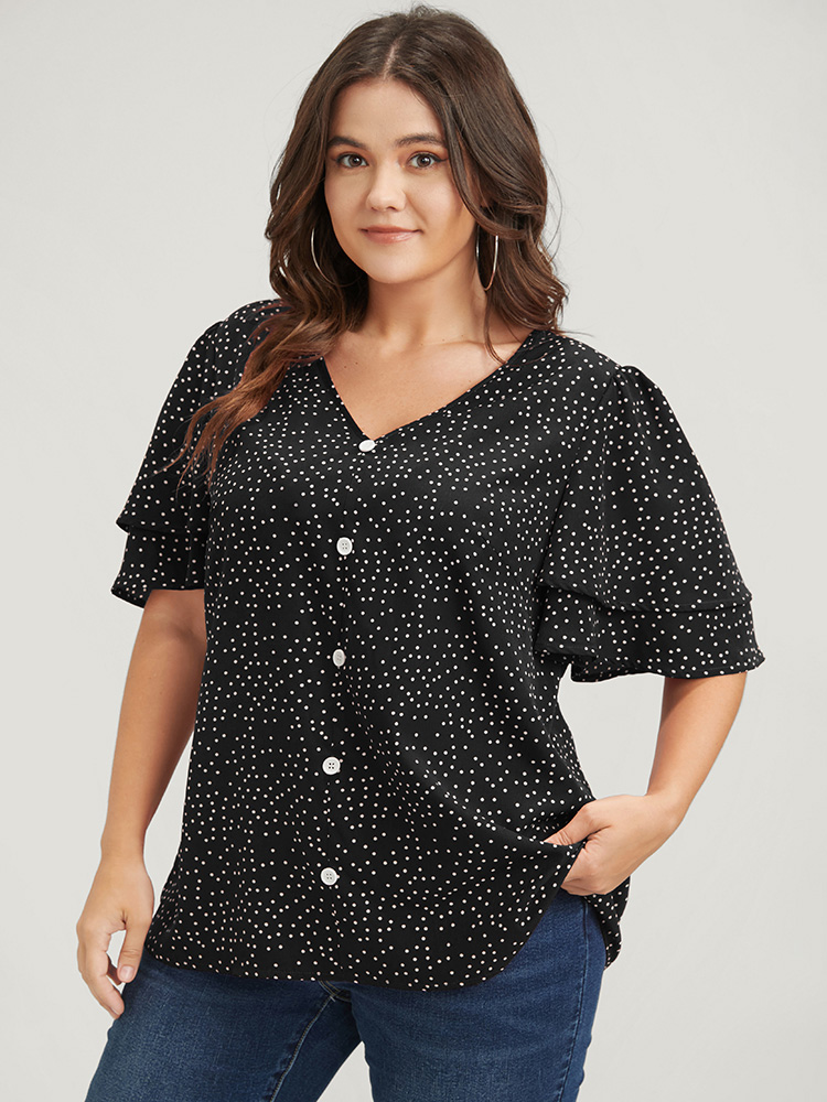 Plus Size Women Dailywear Polka Dot Button Ruffle Sleeve Short sleeve V-neck Elegant Blouses BloomChic 