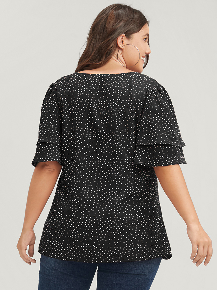 Plus Size Women Dailywear Polka Dot Button Ruffle Sleeve Short sleeve V-neck Elegant Blouses BloomChic 