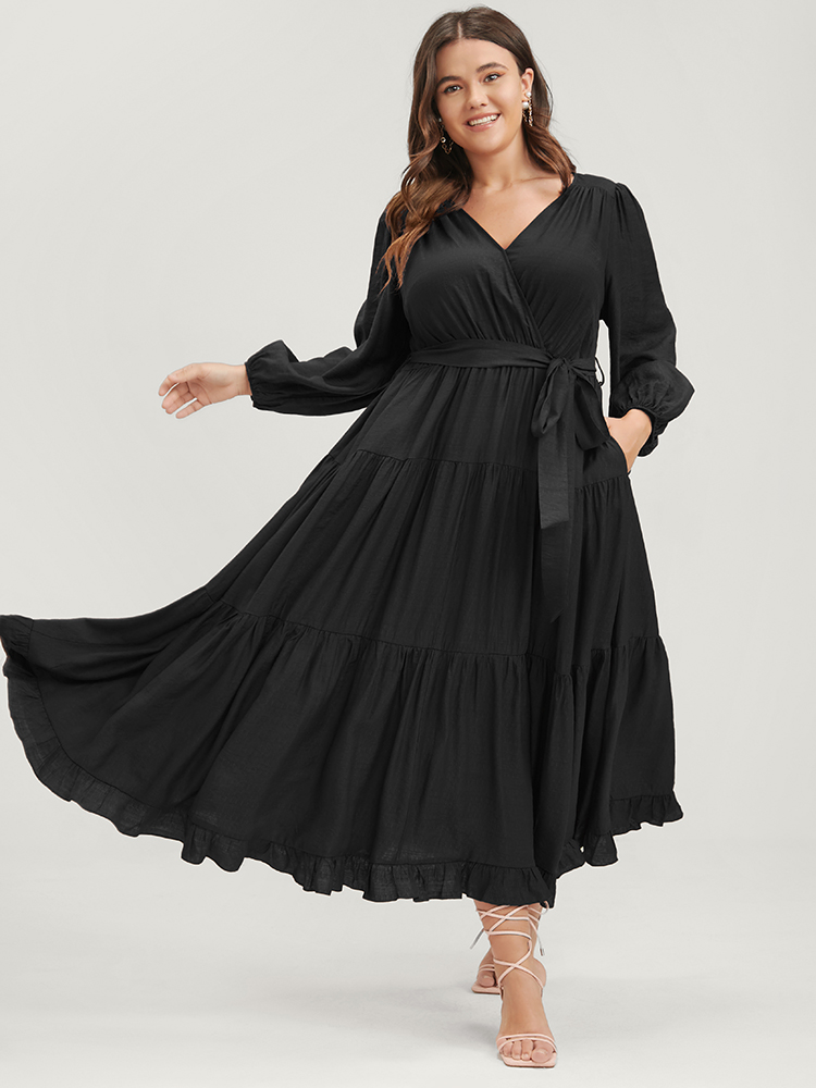 

Plus Size Solid Pocket Flutter Tiered Lantern Sleeve Belted Dress Black Women Elegant Belted V-neck Long Sleeve Curvy Long Dress BloomChic