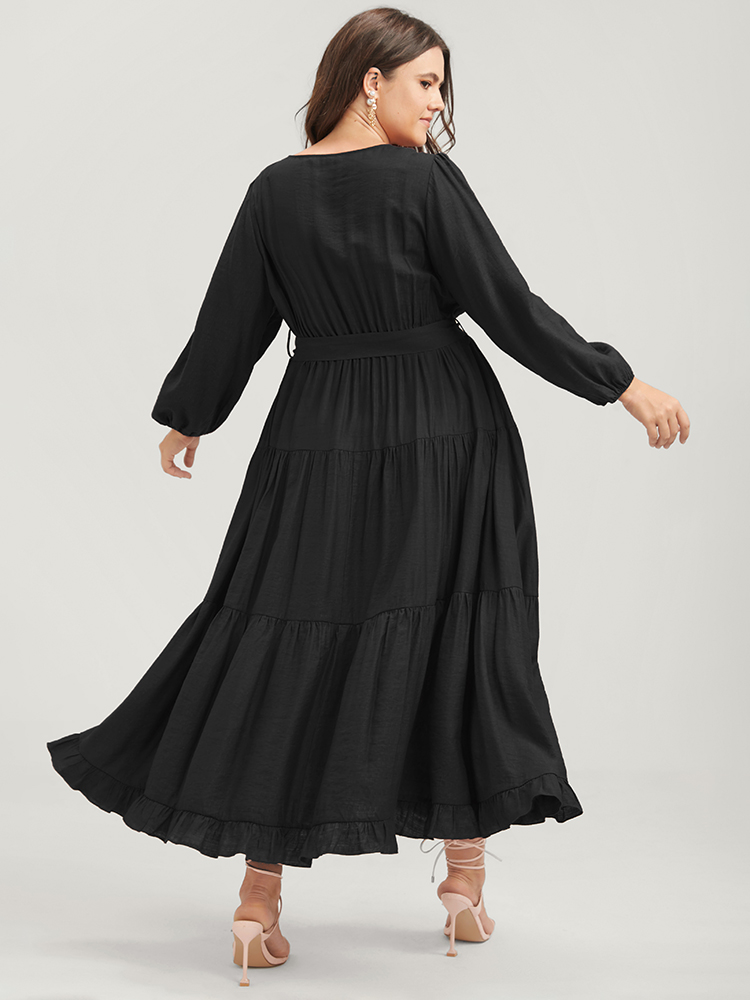 

Plus Size Solid Pocket Flutter Tiered Lantern Sleeve Belted Dress Black Women Elegant Belted V-neck Long Sleeve Curvy Long Dress BloomChic