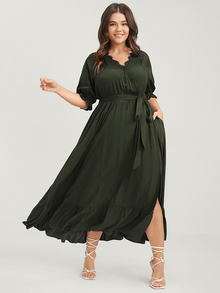 

Plus Size Solid Knotted Pocket Lace Trim Wrap Maxi Dress ArmyGreen Women Elegant Patchwork V-neck Half Sleeve Curvy Midi Dress BloomChic