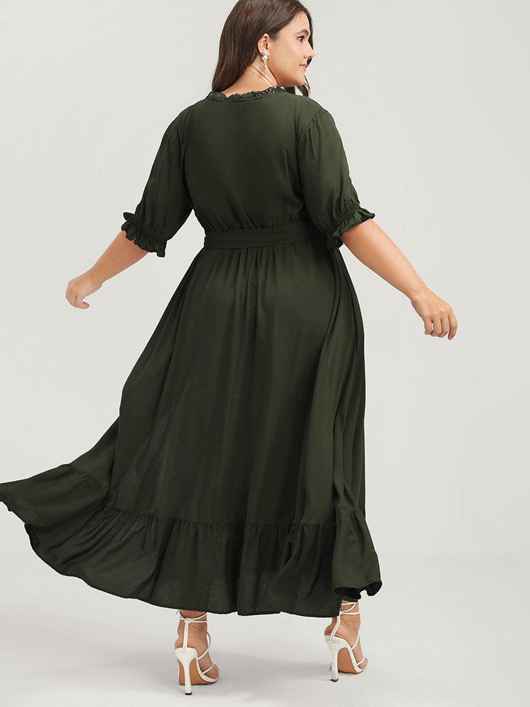 

Plus Size Solid Knotted Pocket Lace Trim Wrap Maxi Dress ArmyGreen Women Elegant Patchwork V-neck Half Sleeve Curvy Midi Dress BloomChic