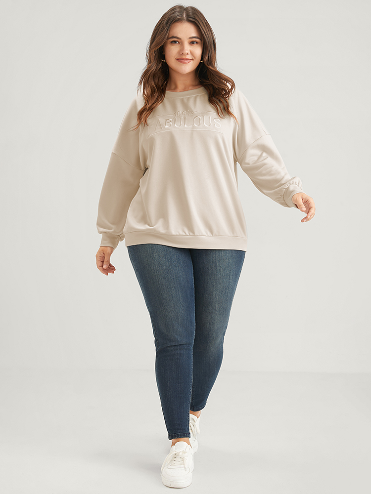 Plus Size Solid Letter Embroidered Drop Shoulder Sweatshirt Women Beige Casual Embroidered Loose Round Neck Dailywear Sweatshirts BloomChic 22-24/3X 