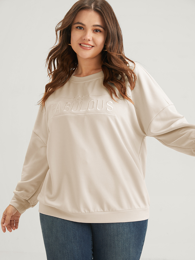 Plus Size Solid Letter Embroidered Drop Shoulder Sweatshirt Women Beige Casual Embroidered Loose Round Neck Dailywear Sweatshirts BloomChic 22-24/3X 