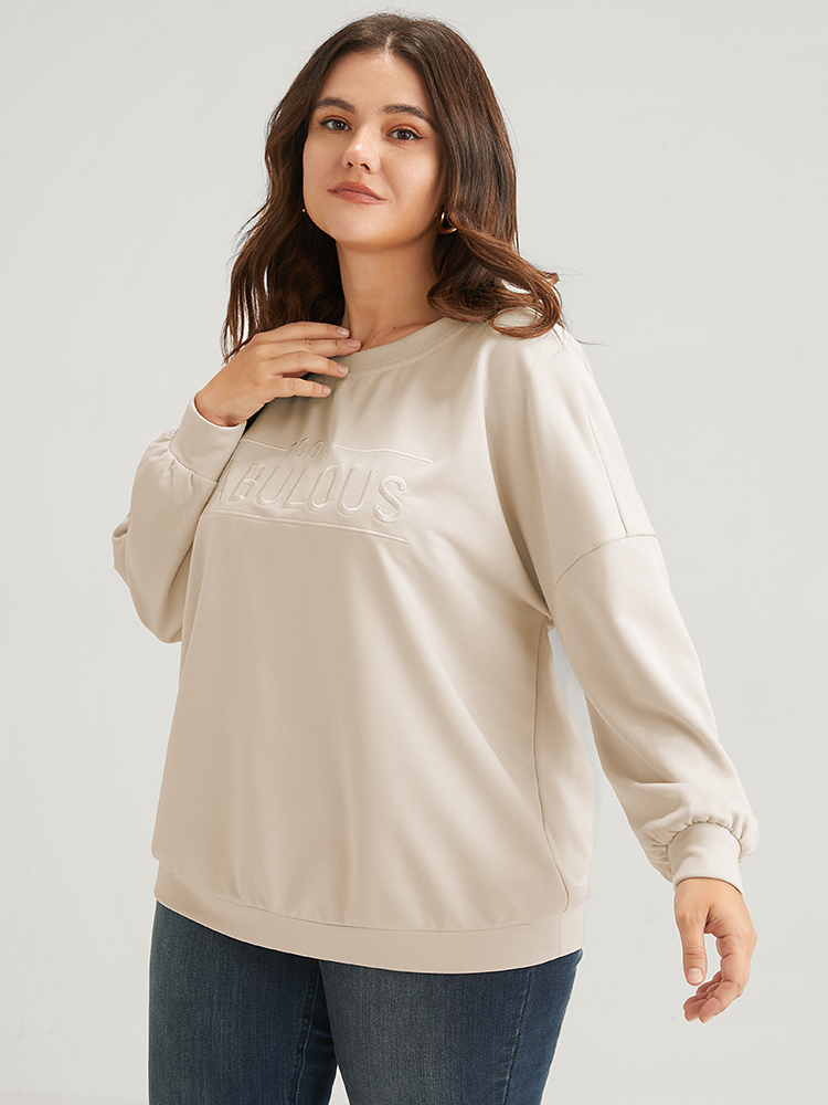 Plus Size Solid Letter Embroidered Drop Shoulder Sweatshirt Women Beige Casual Embroidered Loose Round Neck Dailywear Sweatshirts BloomChic 22-24/3X 