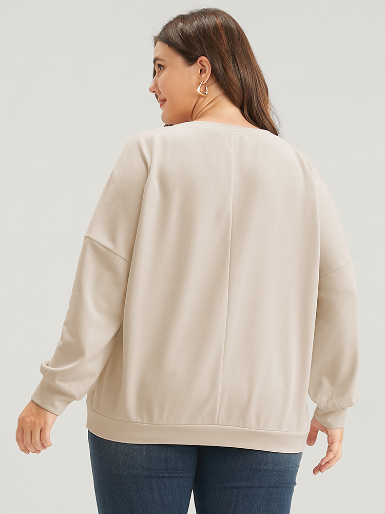 Plus Size Solid Letter Embroidered Drop Shoulder Sweatshirt Women Beige Casual Embroidered Loose Round Neck Dailywear Sweatshirts BloomChic 22-24/3X 