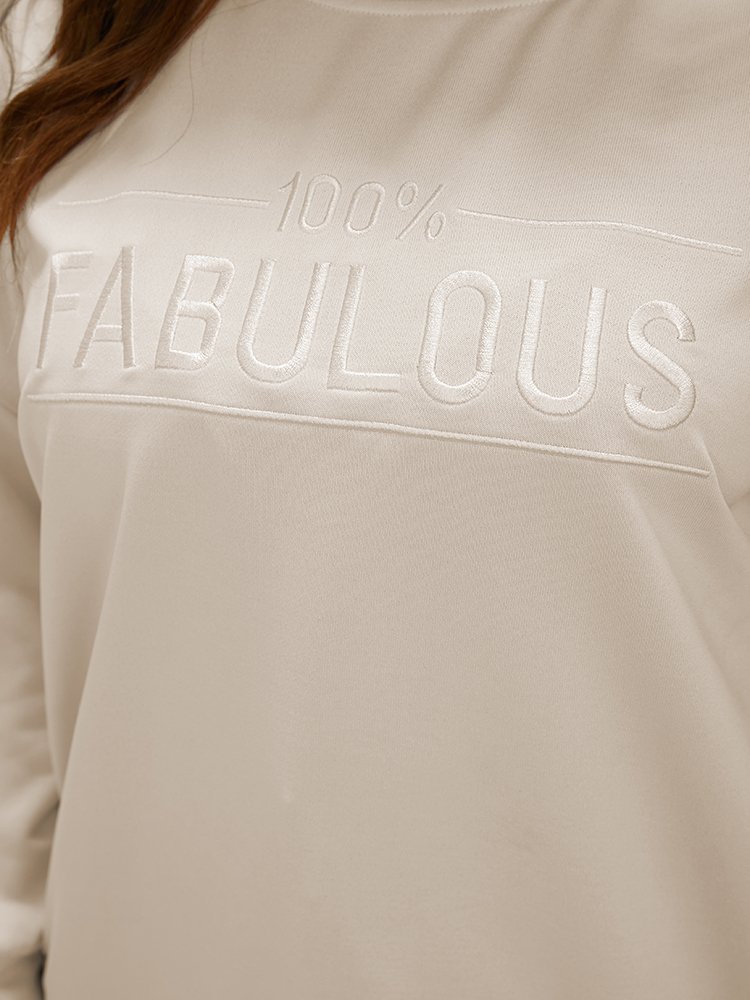 Plus Size Solid Letter Embroidered Drop Shoulder Sweatshirt Women Beige Casual Embroidered Loose Round Neck Dailywear Sweatshirts BloomChic 22-24/3X 