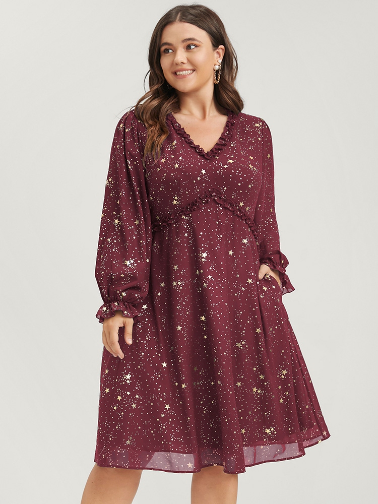 

Plus Size Star Lantern Sleeve Pocket Ruffles Knee Dress Scarlet Women Elegant Ruffles V-neck Long Sleeve Curvy Knee Dress BloomChic