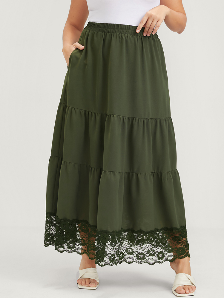 

Plus Size Solid Pocket Lace Trim Ruffle Hem Skirt Women ArmyGreen Elegant Patchwork Low stretch Pocket Dailywear Skirts BloomChic